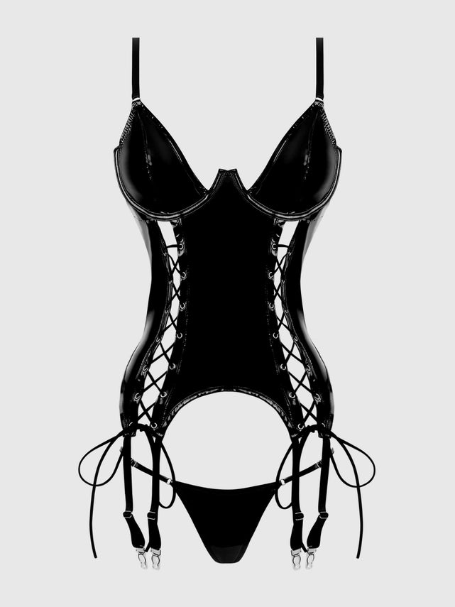 Plus Trinity Patent Lace Up Bustier & G-String Set