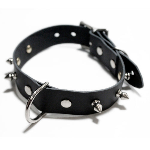 Adjustable 6-Spiked Black Leather Collar with D-Ring