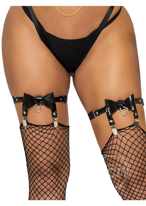 Vegan Leather Thigh High Bow Garter with Adjustable Straps and Heart Ring Accent - O/S