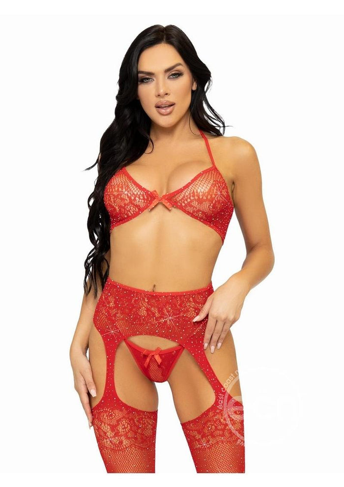 Lace Rhinestone Tri-Top, G-String, and Garter Belt Stocking