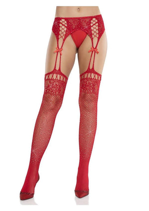 Rhinestone Lace Top Fishnet Garter Stocking