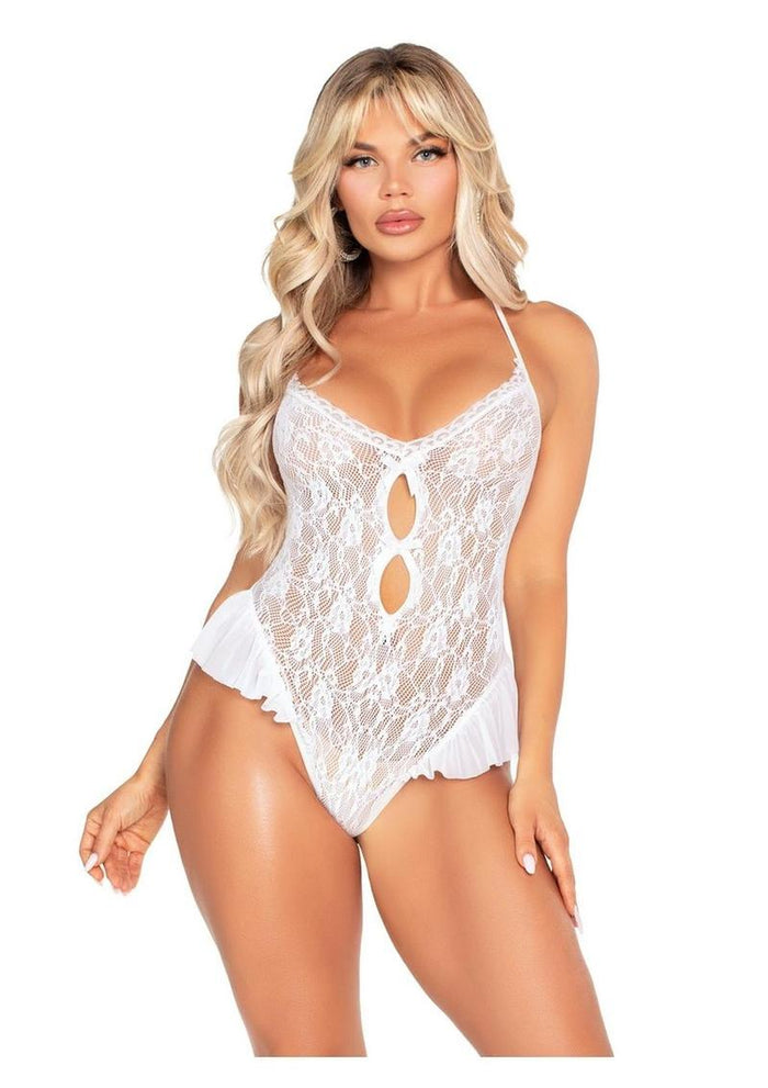 Floral Lace Halter Teddy with Flutter Accent