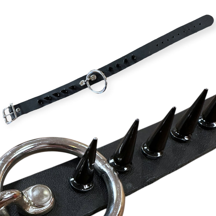 Black Leather and Black Spike Collar with Silver Ring