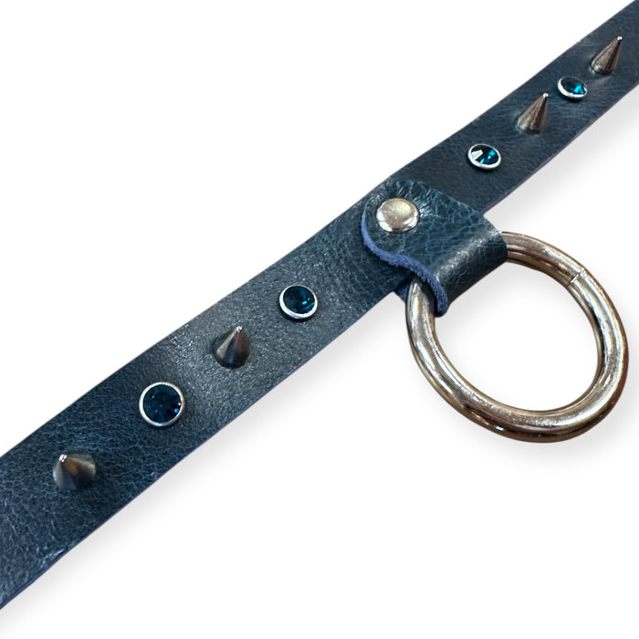 Turquoise Blue Swarovski and Spike Leather Collar
