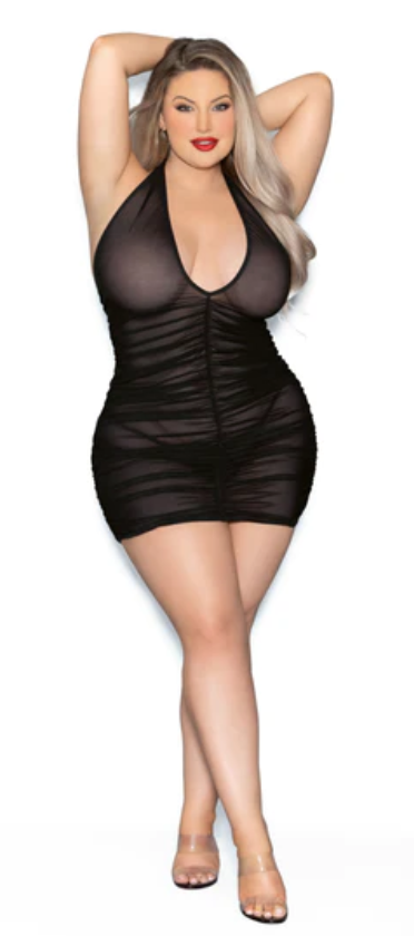 Sheer Ruched Halter Chemise Plus