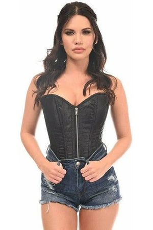 Zipper Front Black Brocade Steel Boned Corset