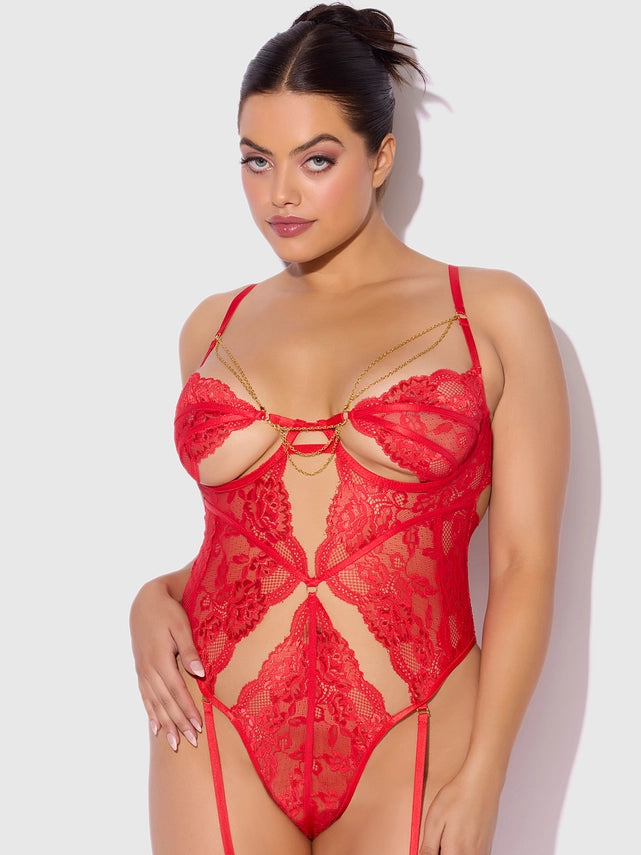 Plus Cecily Lace & Chain Gartered Teddy