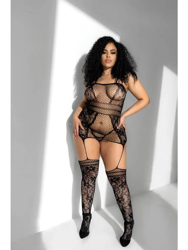 Plus Floral Fishnet Dress Bodystocking with Attached Stockings