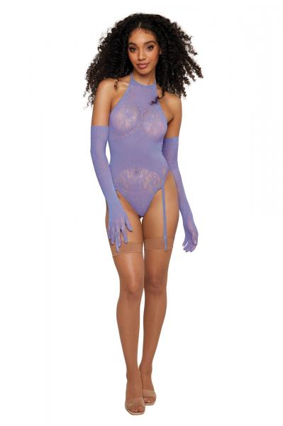 Seamless Sheer Halter Teddy with Long Gloves