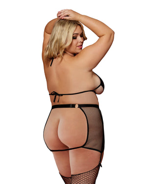 Fetish Plus Size Faux-Leather and Fishnet Bralette and Garter Skirt Set