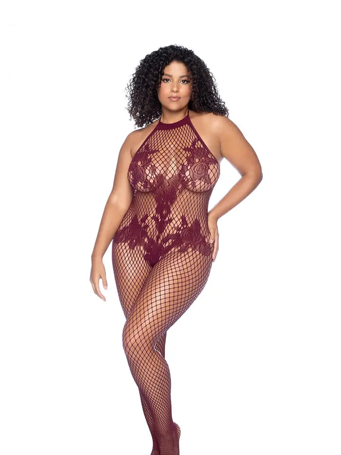 PlusFull Body Crotchless Low Back Floral Fishnet Bodysuit