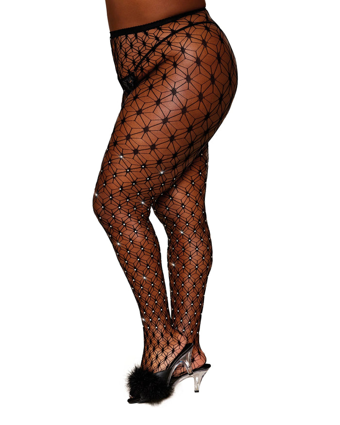 Geometric Fence Net Pantyhose with Rhinestones
