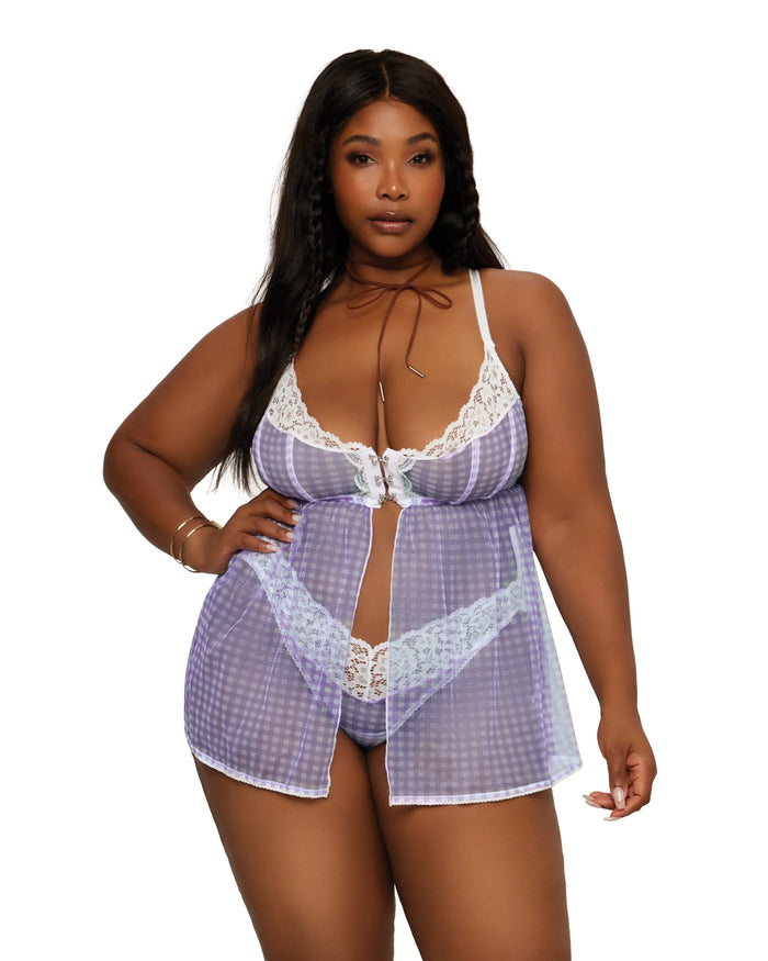 Lace and Gingham Printed Mesh Babydoll & Panty Set