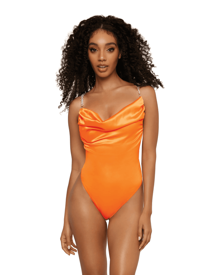 Satin Cowl Neck Teddy with Iridescent Criss-Cross Low Back