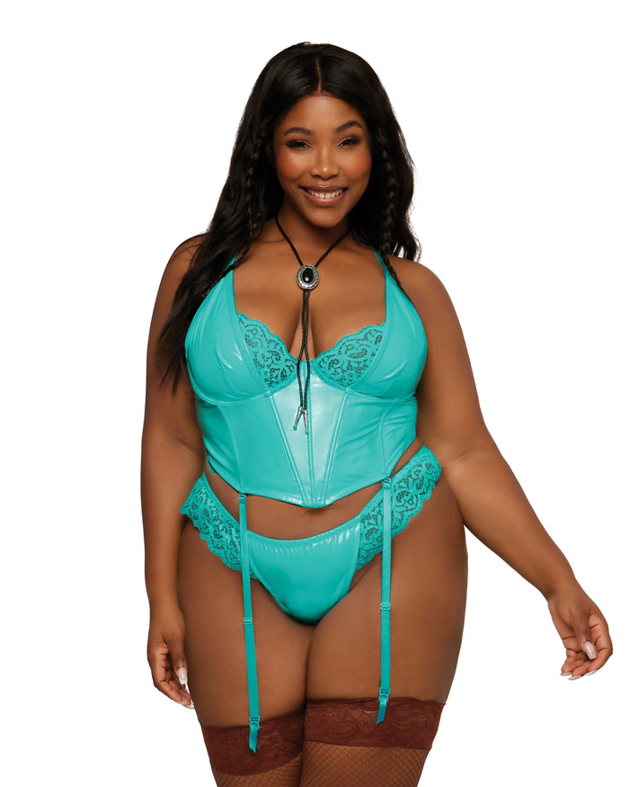 Stretch Vinyl and Lace Bustier & G-String Set