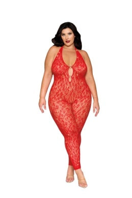 Red Rhinestone Leopard Knitted Bodystocking