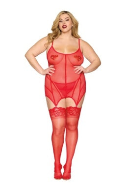 Rhinestone Heart Sheer Mesh Garter Chemise