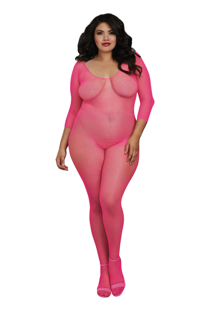 Long Sleeve Neon Pink Open Crotch Bodystocking