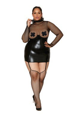 Fishnet Long-Sleeve and Wet Look Dress with Garter Straps