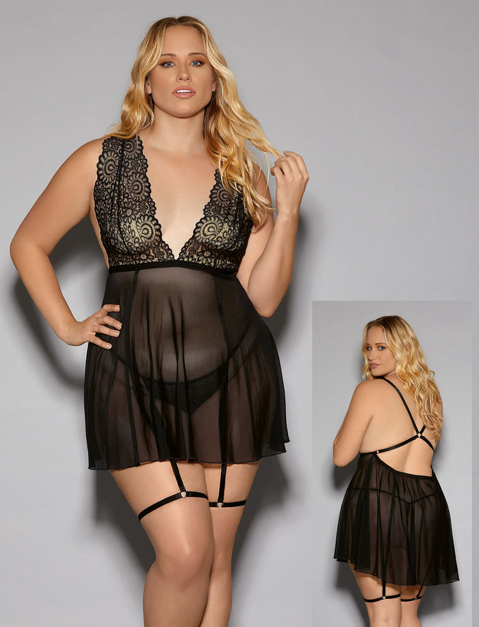 Mesh and Lace Babydoll with Attached Leg Garters