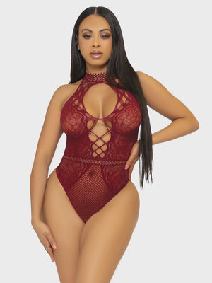 Net and Lace Keyhole Halter Teddy
