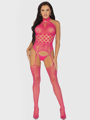 High Neck Halter Net and Lace Suspender Bodystocking