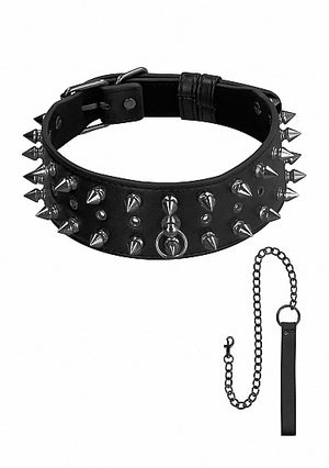 Ouch! Skulls and Bones Neck Chain Leash with Spikes