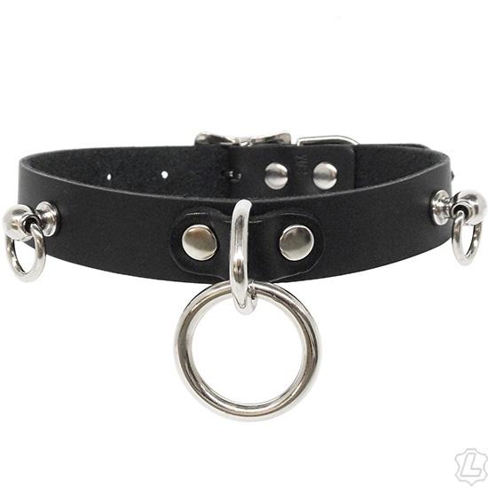 Black Leather Halter Ring and Post Collar