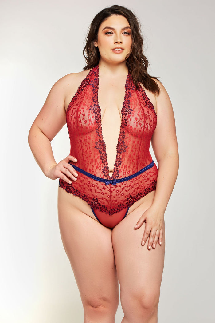 Contrast Lace Red Halter Teddy