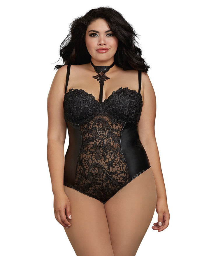 Faux Leather and Venise Lace Collared Teddy
