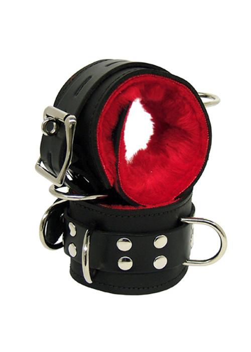 Red Lined Black Leather Ankle Cuffs